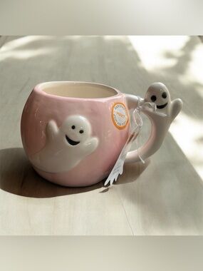 NEW MRKT Market Finds Hand Painted Pink White Ghost Coffee Tea Mug Halloween